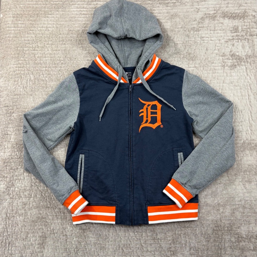 Detroit Tigers 5th & Ocean Full Zip Hoodie‎ Varsity Jacket Navy Grey Orange M